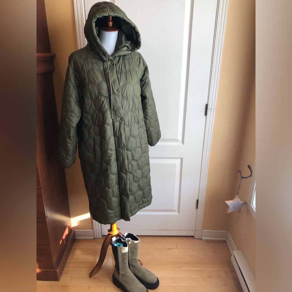 Green Hooded Quilted Long Puffer Coat